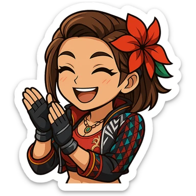 Azucena from Tekken 8 in chibi sticker style, clapping with a big smile, wearing the detailed red and patterned outfit from the reference images, designed for Twitch emote use. sticker