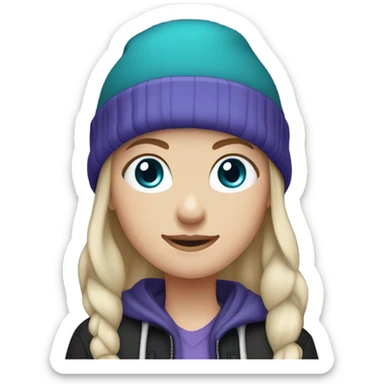 White girl, blue eyes, long teal hair, purple beanie hat, black hoodie, blue jeans, black shoes sticker