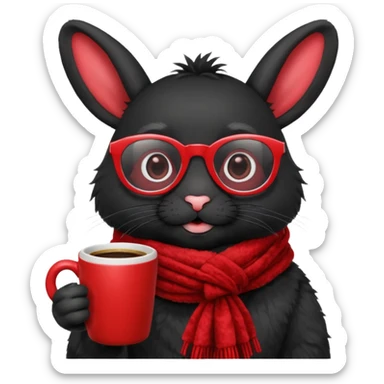 Black rabbit, wearing red glasses, red scarf, holding coffee mug
 sticker
