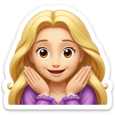 Cinematic Playful Rapunzel Portrait Emoji, Giggling as Pascal sits atop her head, hands cupped over her mouth in a moment of pure joy, her radiance shining through, utterly enchanting! sticker