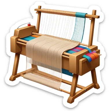 Create an icon that represents the hobby of weaving. The design should include a loom, threads, and a partially woven fabric, along with a piece of colorful fabric and sewing patterns. Include a representation of finished clothing, like a simple shirt or dress, made from the woven fabric. The composition should feel balanced and harmonious, reflecting the creative and intricate process of weaving and sewing. The background should be transparent. sticker