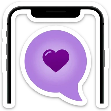close-up of an iPhone screen with a purple speech bubble emoji containing a purple heart, Apple style, minimal sticker