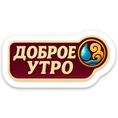 elongated horizontal banner with text 'Доброе утро', retro sticker style, burgundy background, beige letters, concise feng shui ornament with water and wind elements, soft shadows, transparent background sticker