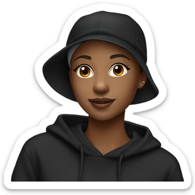 pretty african american girl with black baseball hat and black sweatshirt hoodie pixie cut with laptop sticker