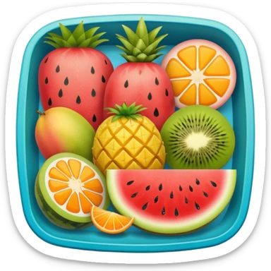 colorful fruit platter in a square container featuring watermelon, strawberry, mango, kiwi, orange, cantaloupe, and pineapple sticker