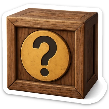 Realistic wooden crate with detailed wood texture, shading, and a three-dimensional effect. A clearly visible question mark on the crate. No background. Variant 1. sticker