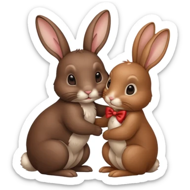 dunkel brauner hase kuschelt mit anderem hellbraunen hase mit schleife am ohr sticker