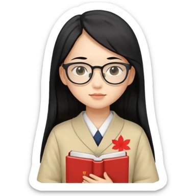 A student, asian girl, long black hair, wearing glasses, japanese uniform, hold book in front of their chest sticker