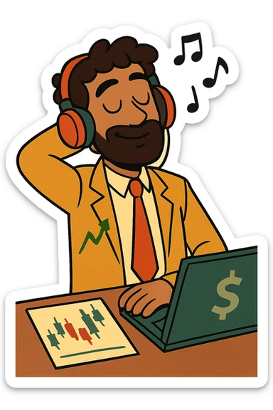 relaxed trader in headphones listening to music, flat modern style, bright saturated colors golds greens reds, minimal but expressive, universal look sticker