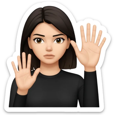 kendall jenner looking anoyed and showing her palm which is small signalising stop sticker