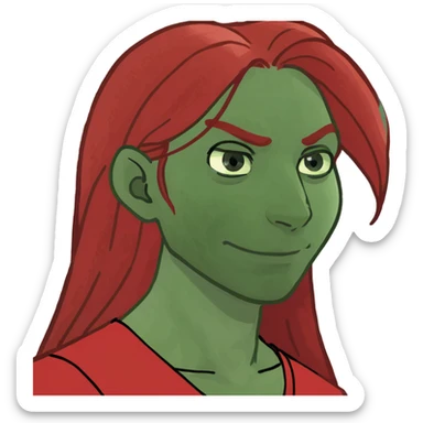 A girl with long red hair. She has a neutral expression on her face,wearing a red v neck shirt. Her hair is in a side part with edges on the side.her eyes are low,she is a bit brown skinned, and she has long eyelashes sticker