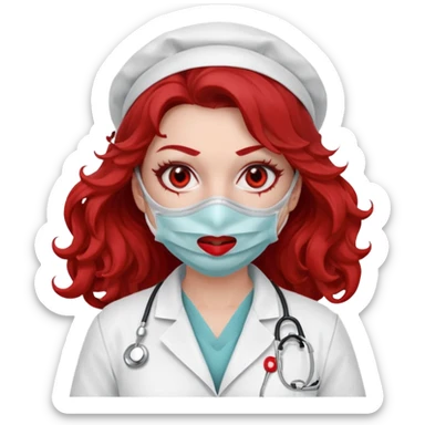 Scary woman scalpel in hand, evil surgeon sexy surgeon clothes.  She has red eyes. Her  brown long curly hair. Wears sexy doctor outfit with red gloves. make her hair free and brown but have mouthy  wear  mask  to hide. Wears white surgeon jacket and  face under a veil sticker