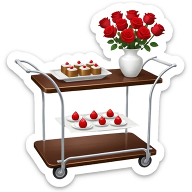 Room service trolley: A silver serving trolley with covered dishes, folded napkins, and a small flower vase. sticker