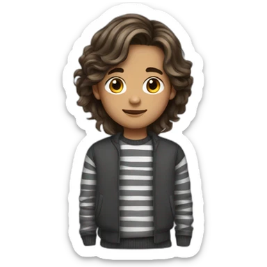 teenager boy brown long wavy hair and dark gray striped sweater sticker