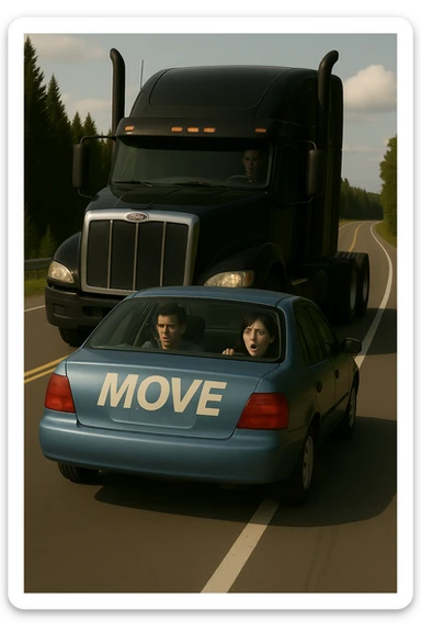 Remove the trailer from the black semi truck, keep the rest of the scene the same, with a person visible in the car in front. sticker
