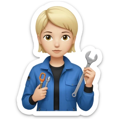Calm and independent female engineer, fair skin, short straight blonde hair tucked behind the ears, neutral but focused expression, wearing a fitted blue utility jacket over a black crew-neck top, holding a small wrench in one hand and a circuit board in the other, waist-up, front-facing sticker