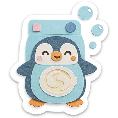 kawaii washing machine penguin spinning soap bubbles, happy face, pastel blue, full-body sticker