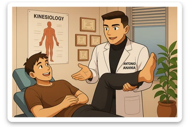 su questo lettino rappresenta un webtoon manga a colori con questo stile, in cui un uomo è steso sul lettino medico e il kinesiologo con il camice bianco (fagli anche la scritta "ANTONIO ANANIA" SUL CAMICE, gli solleva una gamba per fargli il test neuromuscolare, IL KINESIOLOGO SPIEGA ALL'UOMO UNA cosa mentre gli alza la gamba. l'espressione dell'uomo è felice e soddisfatta, non fare i fumetti però, fai solo in modo che sembri stiano parlando sticker