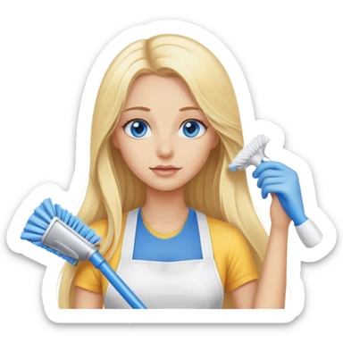 Cinematic realistic blonde with long hair, blue eyes cleans the room sticker