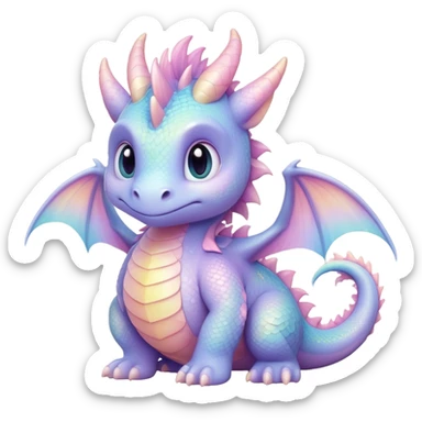 Cinematic fluffy pastel dragon, tiny round wings, chubby feet, sparkling gentle eyes, delicate glowing scales, soft colors blending magically, enchanting and whimsical. sticker