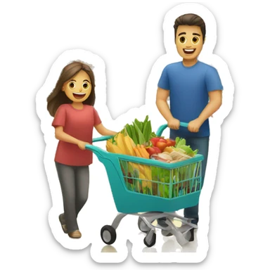 a family with a wheelbarrow full of groceries is shopping in a supermarket sticker