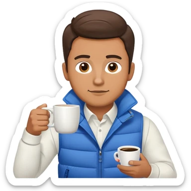 full body man wearing long sleeve white shirt with blue puffy winter vest holding a cup of coffee in front of him and nothing in his other han sticker