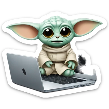 Grogu from Star Wars with a laptop sticker