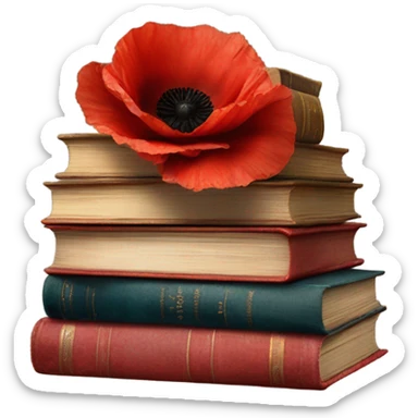 A vintage stack of books with scarlet poppies and a velvet bow sticker