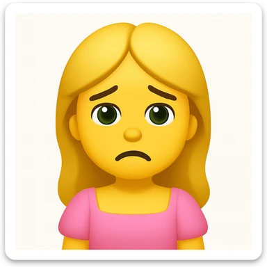 Create an edited version of the reference image in the style of apple emojis. The character should have blonde long hair, green swamp eyes, and wear a pink pastel dress. Change the expression to a sad expression while keeping all facial features, clothes, and hairstyle from the reference. sticker