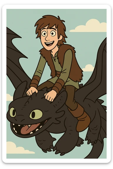 The main character from How to Train Your Dragon, a young Viking boy with brown hair, riding a dragon, animated style sticker