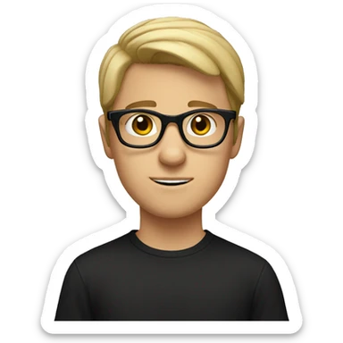 A white boy with slightly parted hair and black framed glasses, wearing a black T-shirt sticker