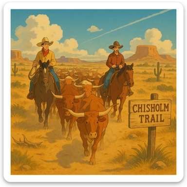 2 cowboys on horseback leading a line of Texas longhorn cattle on a cattle drive through the heat of the American West. There is a sign saying Chisholm Trail sticker
