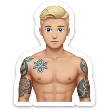 Handsome shirtless blonde hair and blue eyes white guy with body tattoos sexy pose sfw sticker