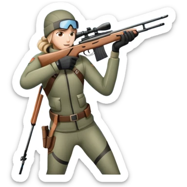 An icon showing a snowy landscape with pine trees, mountains, and a clear sky with a biathlete aiming a rifle in the foreground, wearing winter gear and skis. Transparent background emphasizes the precision, endurance, and beauty of this winter sport. sticker