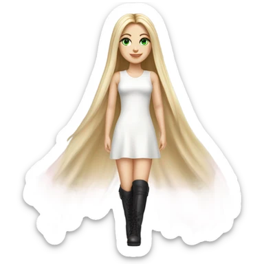 Realistic White girl with Long straight blonde hair, green eyes, tattoos, full body wearing white dress and pink knee-high leather boots, posing sticker