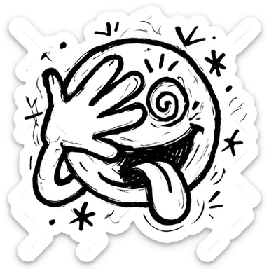 yellow emoji face sticking out tongue, one hand over eyes, fingers wide, energetic and playful sticker