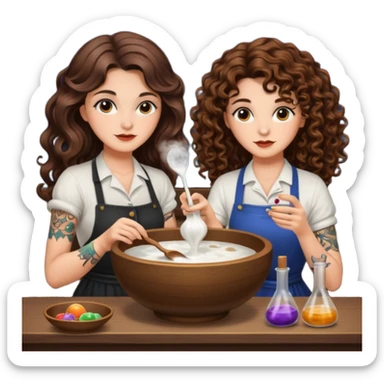 moon bowl mixing — long wavy brown hair tattooed woman and short tight curly brown hair woman — potion scene sticker