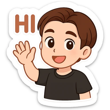 A cartoon man matching the reference image, waving with his right hand, smiling, with 'HI' written above his hand. He wears a plain black t-shirt with no spots. Style: chibi stickers. sticker
