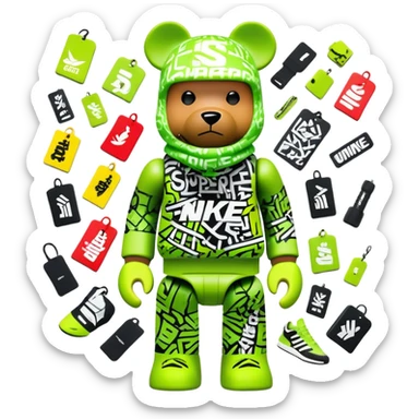 geometric bearbrick toy wearing a lime green balaclava completely covered with chaotic streetwear brand logos, graffiti-style tags, Nike, Adidas, Supreme, Off-White all mixed together in urban style, aggressive look sticker