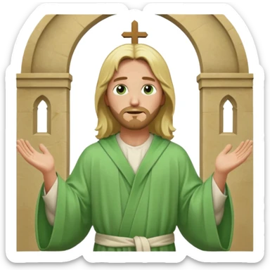 Jesus, green eyes, blonde hair, light green church robe. opening arms, gazing thoughtfully. Soft light, subtle fern. Waist-up, profile. sticker