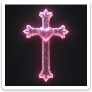 realistic gothic cross, pink with a crystal heart, photorealistic style sticker