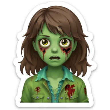 Uma menina zombie com um cabelo ondulado médio, com a franja pro lado esquerdo, o cabelo com cor castanho com a cor de pele verde  sticker