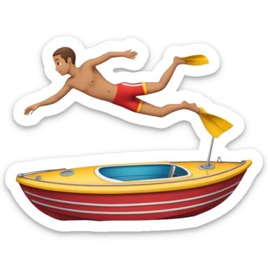 Emoji-style side view of boat with person diving off, rounded cute features, soft shading, colorful, PNG cutout sticker