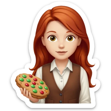 white girl scout with red long hair selling cookies with a brown vest and white shirt under vest. She should be around 10 years old sticker
