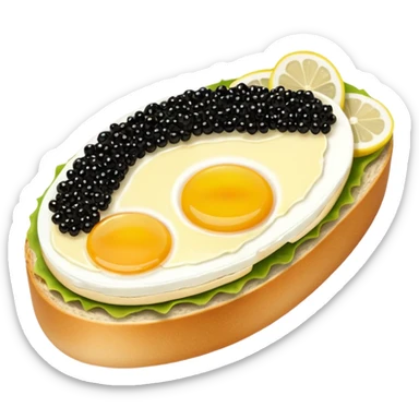 open sandwich with butter, half egg, slice of lemon, black caviar sticker