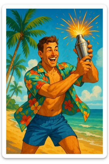 human male Unbuttoned Hawaiian shirt, swim trunks, shaking a cocktail shaker (sparks flying) sticker