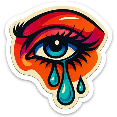 Add more color vibrancy, create a colored tear with shadows and highlights, add shadows and highlights on the eyebrows, keep the dark beautiful female eyes with eyelashes, maintain sharp black outlines, in retro stickers style, no gradients, only sharp color transitions. sticker