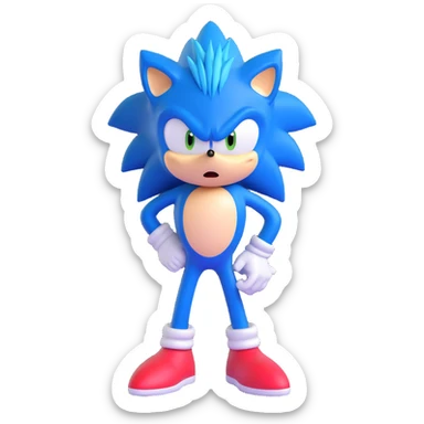 Sonic the Hedgehog, blue spiky hair, confident pose, 3D style sticker