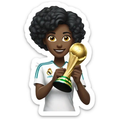 Women with black hair holding the soccer world cup trophy, wearing a real madrid jersey sticker