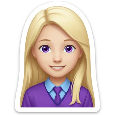 A pale girl with light blue eyes and long and blonde straight hair , smiling wearing a purple school uniform  sticker